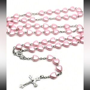 Pink Heart Rosary Necklace, Pink Rosary